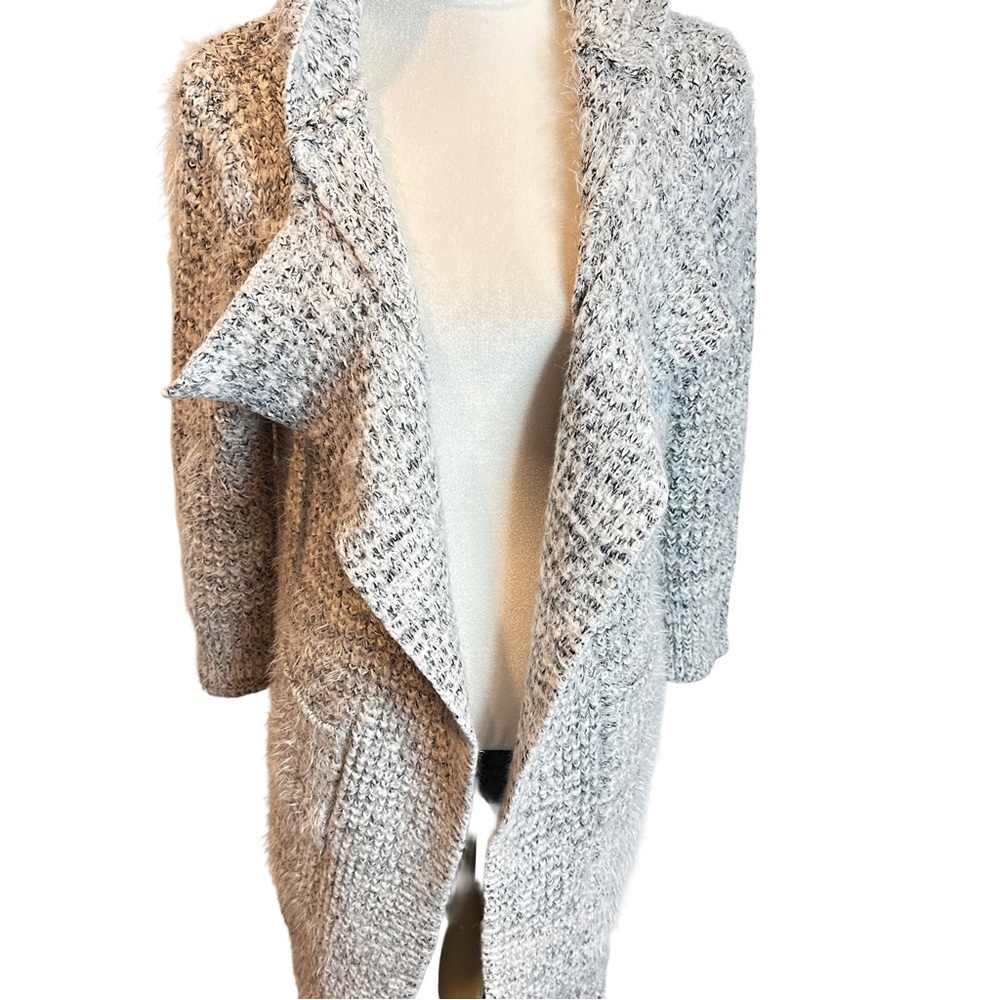 POL Chunky Heather Gray Knit Hooded Open Sweater Duster M -‎ L
